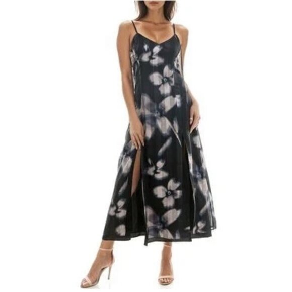 Socialite Black Floral Satin Midi Dress M NWT Tie-Dye Slip Style Slit Hem Chic - Picture 1 of 11